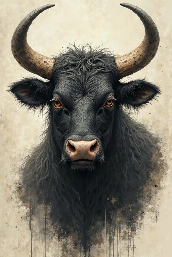 I want to generate a draft of an anthropomorphic black-faced ox with obscure art characteristics, A black-faced ox grimacing. In the Guilhermo del Toro, thinner style with an ox-faced grimace like a horror movie