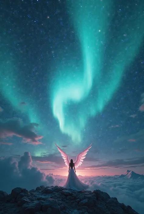 . The background of an outer space with the lights of the Northern Lights is real and realistic, including staining in the fantasy world. . The introduction is real realistic film fantasy characters of angels and jinn with a clear spectral view, profession...