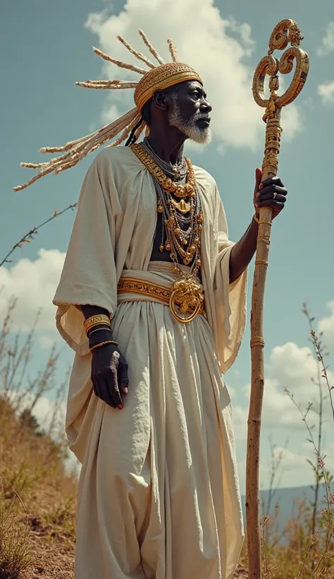 OXALA by Umbanda, in the shape of Oxalufã, An old black man who is CURVED wearing EKODIDÉ, its sacred adornment and holding its OPAXORÔ staff. It is connected to the sky and to the air.  An elderly black man who is hunched over wearing EKODIDÉ wears a long...