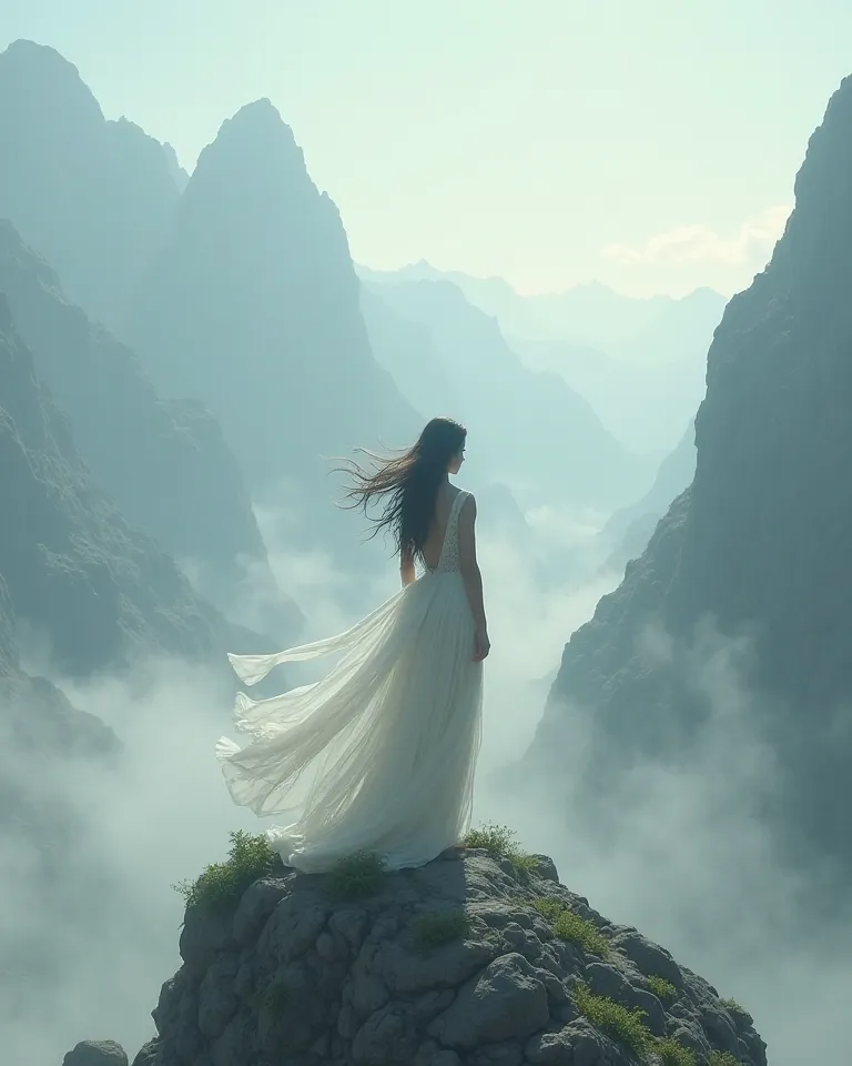 Someone is standing on a high mountain in a flowing dress, The wind blows through the hair, while fog sweeps around the peaks.