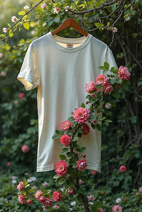 It generates a flower vine is trapped in a t-shirt hanging in the middle of shrubs without a human and more spring plus creeper 
