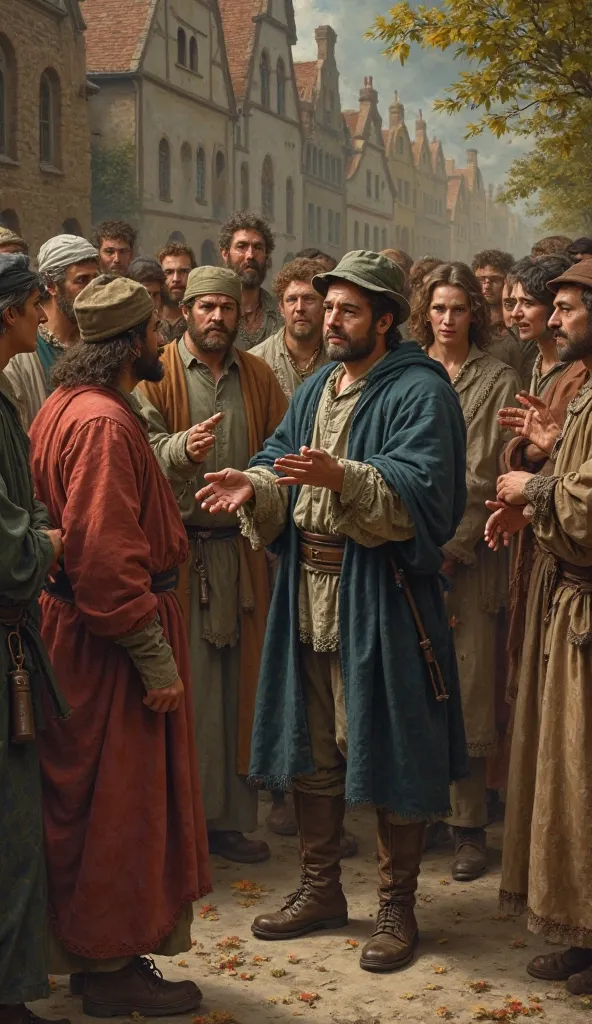 The townspeople arguing with the Pied Piper, refusing to pay him. Their expressions are stern and ungrateful, while the Piper looks betrayed. The scene is depicted in an old European oil painting style.
.