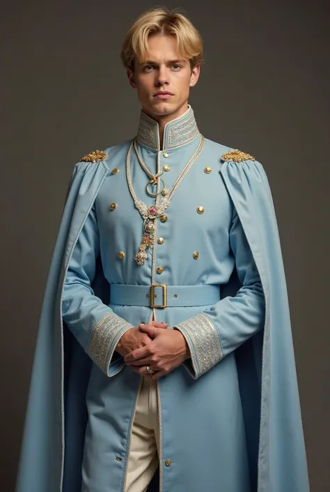 Create an image from this description 
prince's uniform with light blue sleeves and starched collars; High-top boots combine with a waisted jacket and thin tie with a well-tied knot and put exactly these robes on a tall prince, blonde with short, straight ...