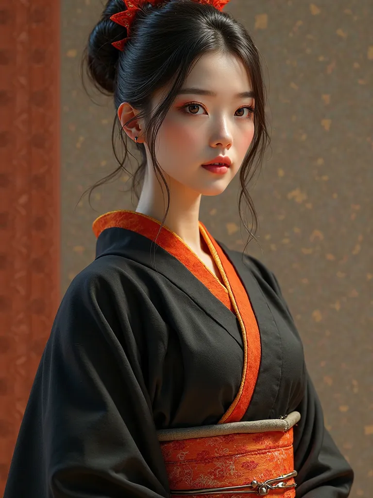 ((masterpiece, High quality lines, better image quality, High resolution, Realistic, RAW photos, 8k, Highly detailed CG synthesis on 8K wallpaper)), ( huge and dazzling goddess photographed ,brunette woman in black kimono with orange collar and orange band...