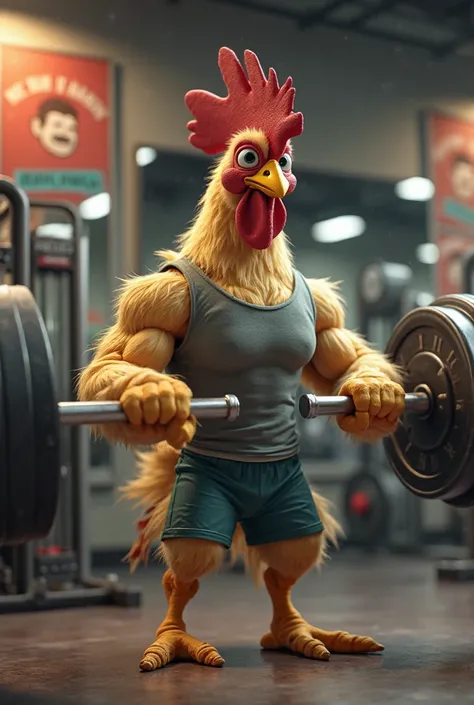 Create a picture of chicken called pioter in the gym saying „nie latuj lędźwi”