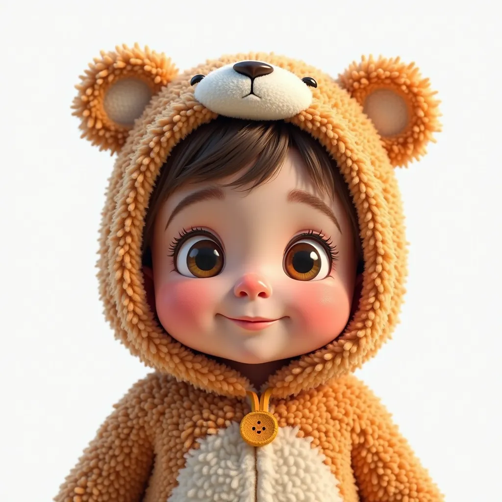 Cute Little  , Front view, déguisé en  costume d'ourson ,  Pixar style , white background 