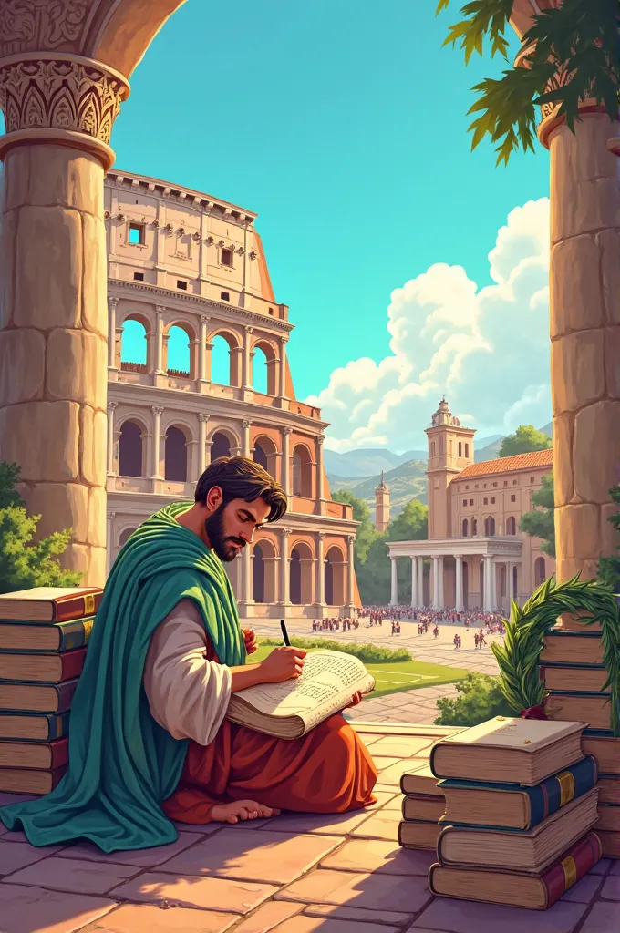 Cartoon of a Roman urban landscape with the Colosseum and the Roman forum under a sunny sky and a person dressed in a robe writing on a wax tablet, next to books with a pen, a lectern and a laurel wreath