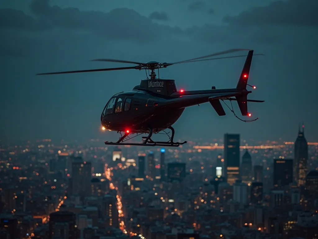 
"A sleek black helicopter flying at night, viewed from behind with its tail visible. The city skyline below is illuminated by streetlights and skyscrapers. The helicopter's navigation lights glow subtly, and the rotor blades create a slight motion blur. T...