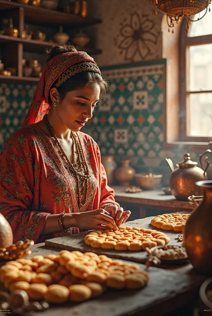 This is a picture of a woman in a traditional Moroccan kitchen preparing shabakiya carefully, in a warm atmosphere full of tradition. If you would like any modifications, tell me that!
