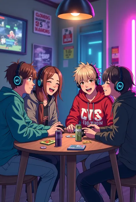 "An anime-style scene featuring four gamer friends chilling around a table, laughing and trolling each other in a playful, competitive way. The group is in a cozy gaming room, with posters of video games and LED lights glowing in the background. Each perso...