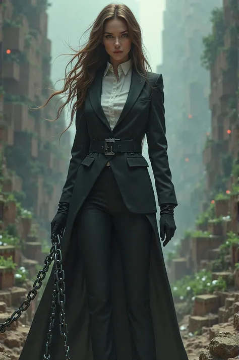 Tall white girl with long brown hair,black gloves, wearing a tuxedo,uses chain as her weapons, background is a Minecraft world,and theres a title saying the last human