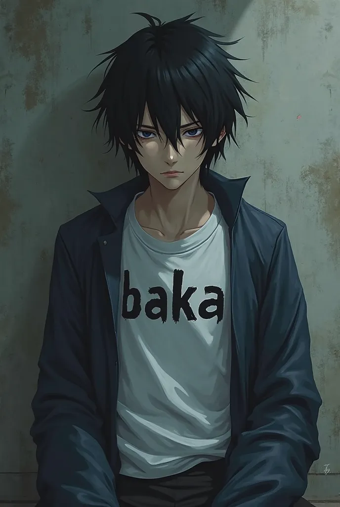 Sasuke sad with an emo shirt writing Baka on it