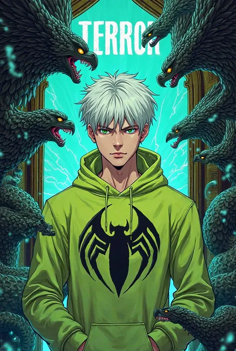 A young man, likely in his late s, with short, white hair and anime-style features.  He is of East Asian descent.  He is centrally positioned within a vibrant, stylized graphic. He wears a lime green hoodie with a black, stylized Venom logo on the chest.  ...