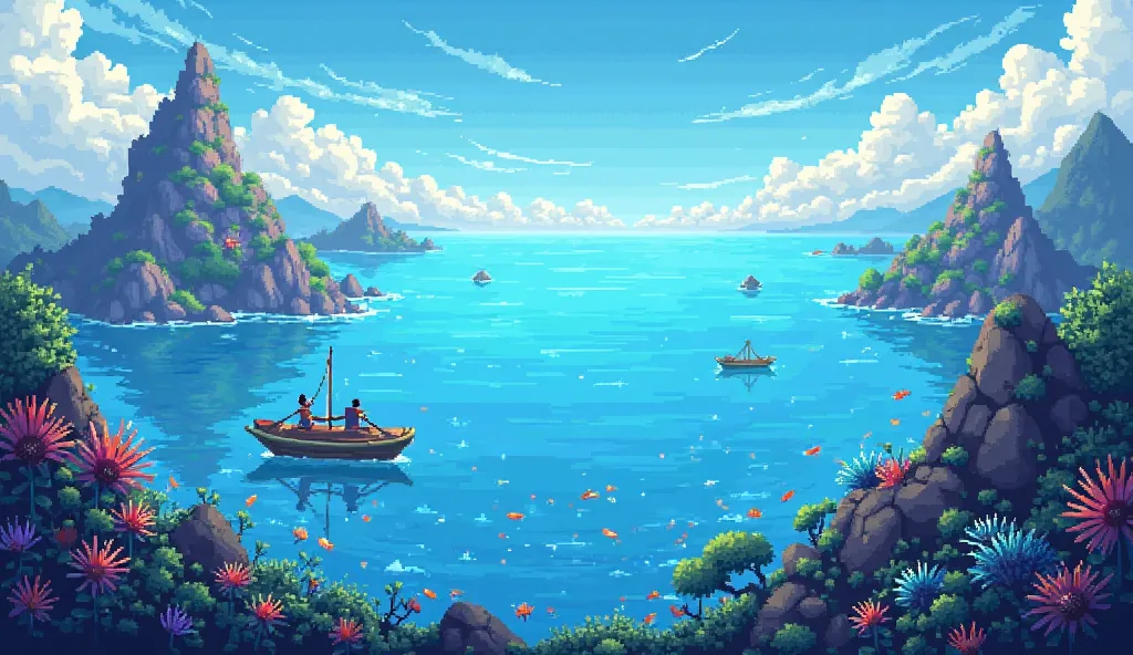 pixel videogame art style landscape, middle of the ocean landscape, blue main color, Terraria type