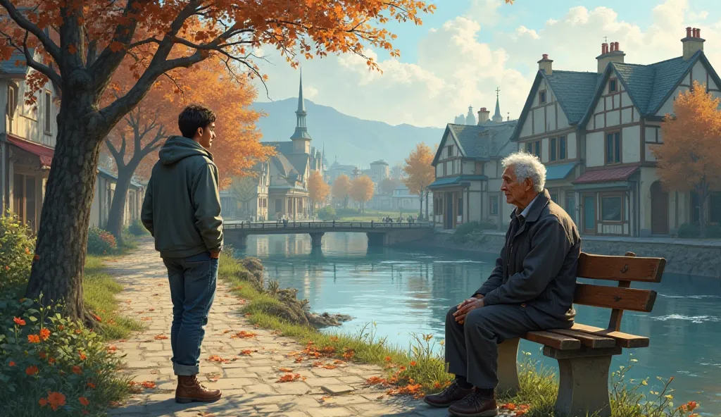 Jason walks through the small town, hands in his pockets, lost in thought. He notices an old man sitting peacefully on a bench by the river, watching the water flow.