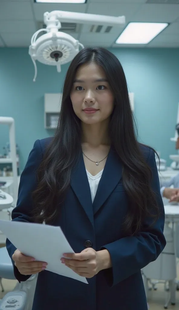 High-resolution photo of a dental room with modern equipment. A 25-year-old Thai woman, white skin, long black hair, big brown eyes, with jewelry, alone looking at the audience, wearing a dark blue suit, holding a document. 