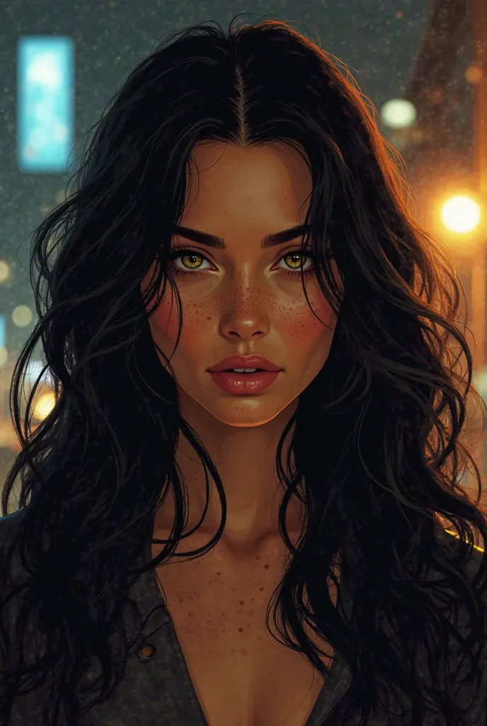 Prompt: " A young woman of striking beauty , with long wavy black hair that falls softly over the shoulders. Her honey-colored eyes shine with intensity and mystery, contrasting with her golden skin speckled with delicate freckles on her face.  She has a d...