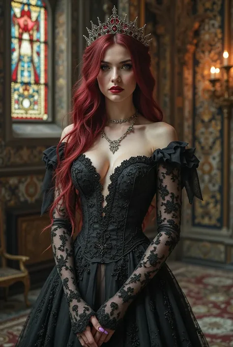 A breathtakingly white beautiful and sexy vampire queen is the focal point, beautiful detailed face, detailed beautiful eyes, large breasts, large hips, slim curvy figure, long thick wine red hairs, long thick legs, radiant on her wedding day. She's adorne...