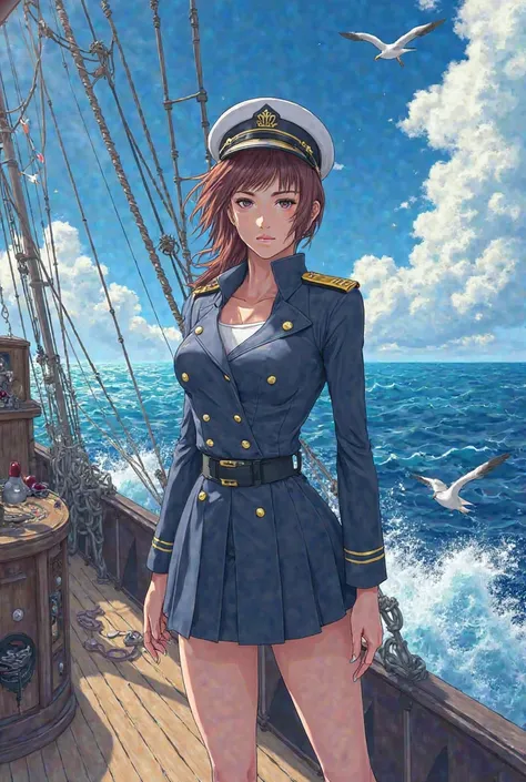 Character: Landy, Navy Captain, From the game epic seven, on the deck of the ship in the middle of the sea. anime style