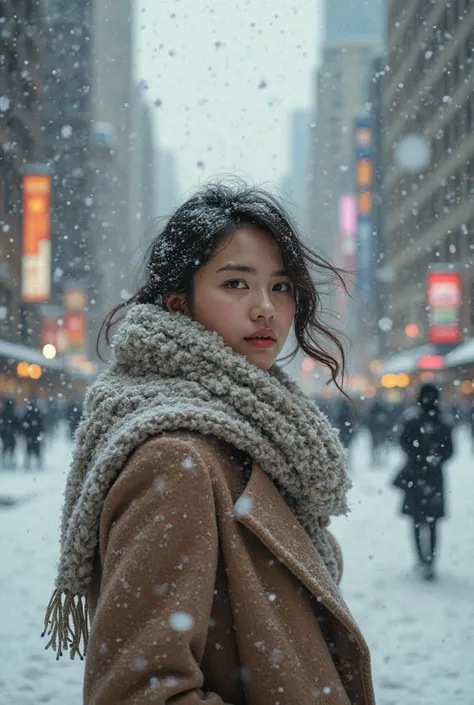 Create photo of a woman in the snowy city 