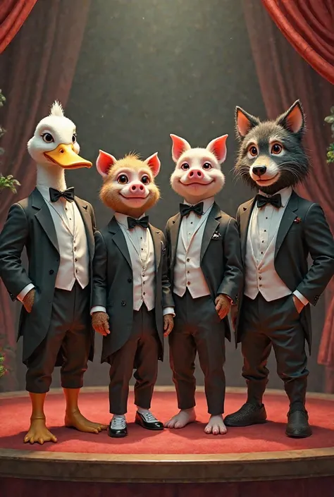 a duck , a mono , a pig , a wolf and broccoli posing in a tuxedo about to act 