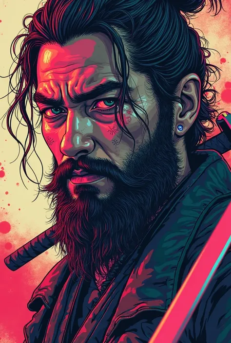 
a close up of a person like a samurai with beard and  two sword, cyberpunk art inspired by Kanō Hōgai, trending on Artstation, ukiyo-e, cyberpunk samurai, very beautiful cyberpunk samurai, neon samurai, portrait of a cyberpunk samurai, urban samurai, samu...