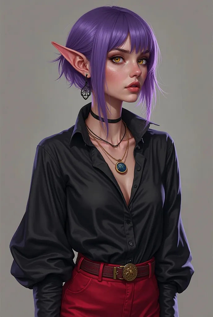 AmityBlight, makeup, black earrings, yellow eyes, short hair, (purple hair:1.4), pointed ears, black shirt, long sleeves, loose-fitting shirt, amulet, (red pants:1.5)