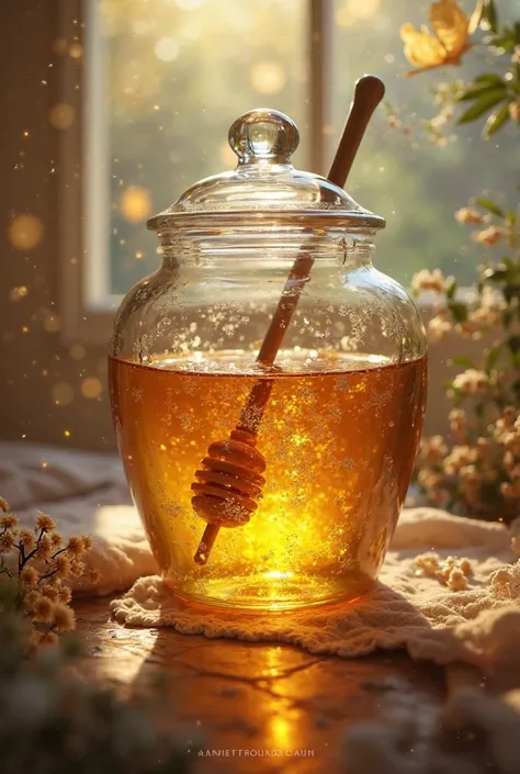 a jar of honey with a spindle in a jar