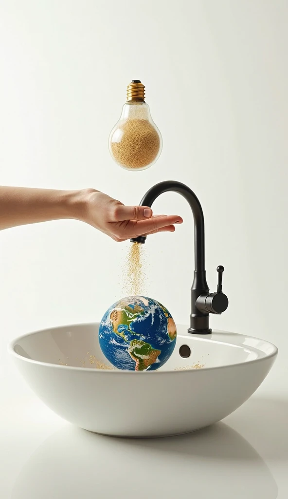 a hand with a faucet in a sink where sand comes out on a light bulb that is filled with sand,  Planet Earth is in the sink, white background