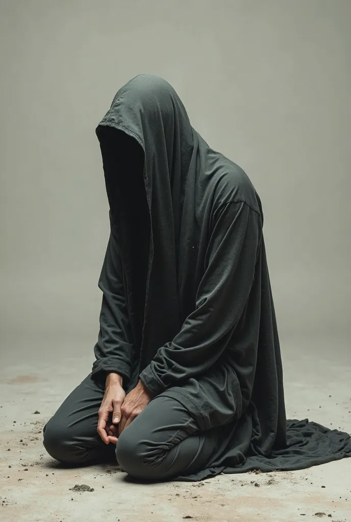 Man with his head covered kneeling