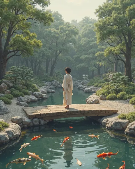 Japanese zen garden. A person in an elegant kimono stands barefoot on a wooden bridge over a quiet pond with koi fish.