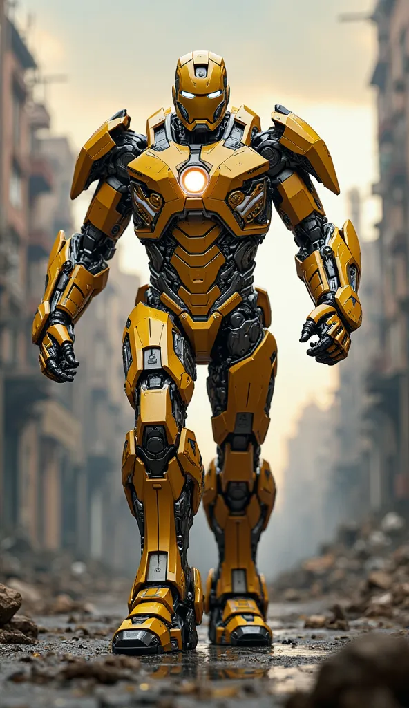 Iron Man armor in the colors and style of Bumblebee walking towards the camera