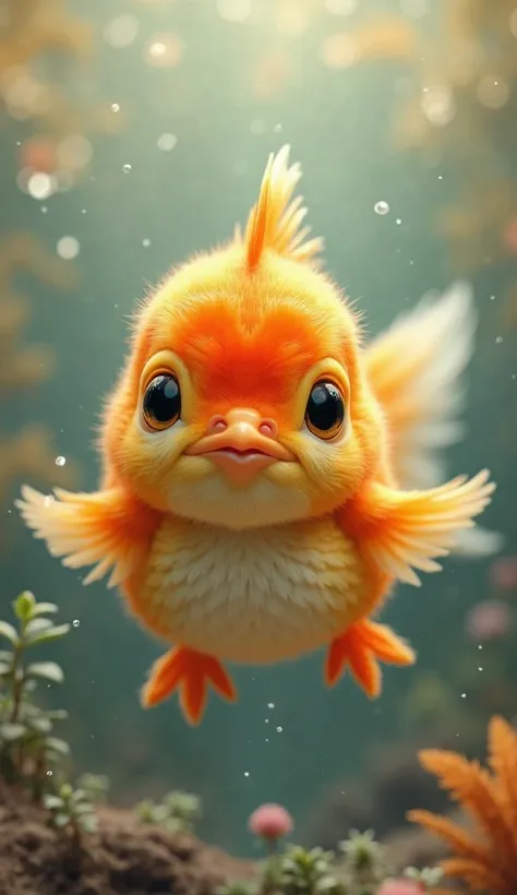 "An ultra-realistic hybrid creature combining the plump, round body of a Lionhead Goldfish with the tiny, fluffy face of a baby chick. The goldfish's body is soft and chubby, covered in vibrant golden-orange scales that shimmer beautifully in the water. In...