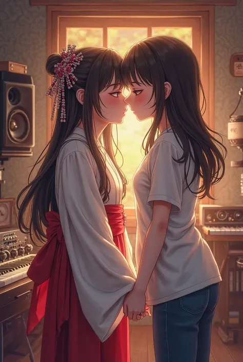 Young Miko and an ordinary girl kissing each other in a recording studio