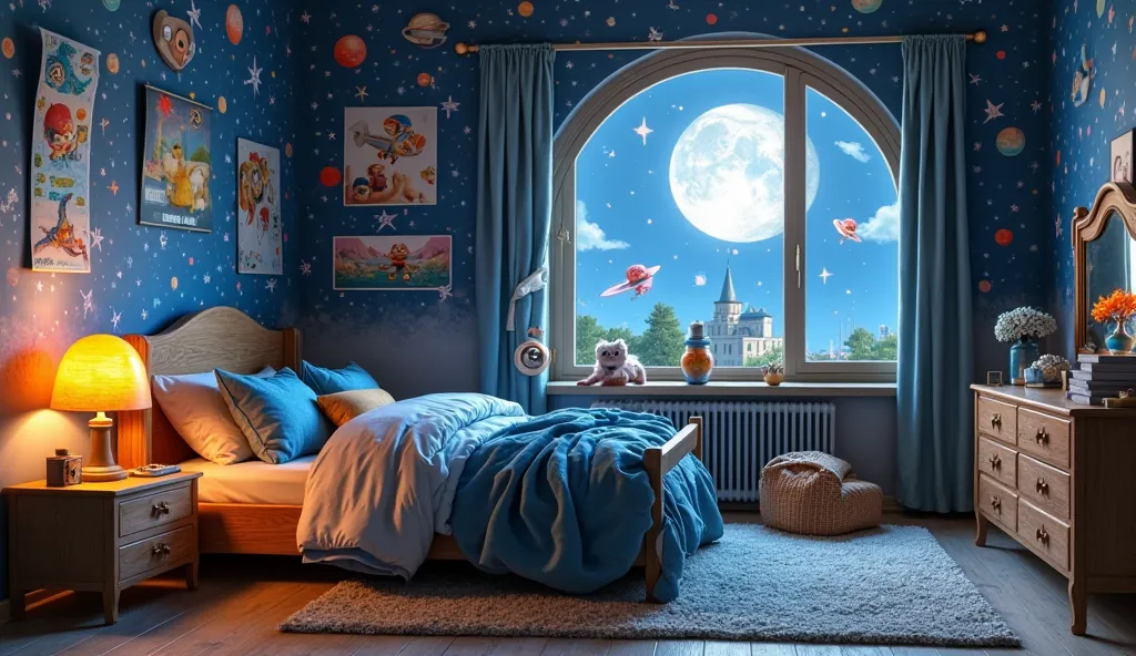 [The room with space decoration; posters of planets and stars on the walls; maintains its atmosphere of mystery and enchantment, with the soft light of the Moon, filling the bedroom window], [estilo Octonauts 3D]