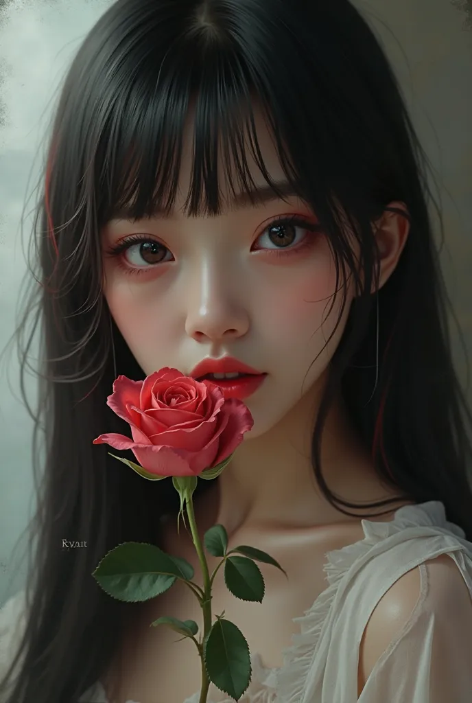 A romantic girl with straight hair painted black with red highlights holding a rose in her mouth 