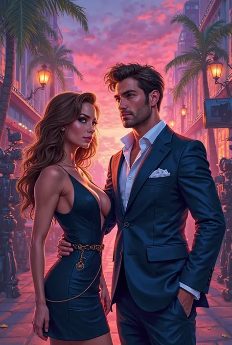 Standard book cover. 1 hansome male actor, 1 female sexy personal assistant and 1 male protagonist businessman in movie shooting location. Graphic or Cartoon