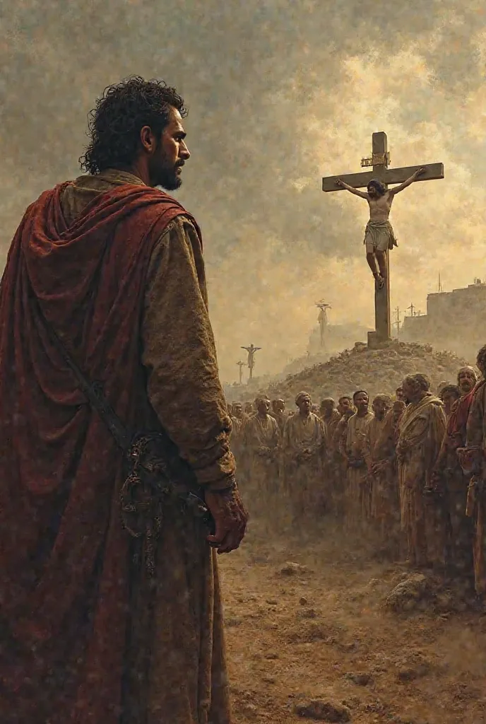 Barrabás, staring at the crucifixion scene from a distance, his face a mask of confusion. His eyes are focused on the central cross where the Nazarene is nailed. The dusty, crowded hilltop contrasts with the somber sky above. A sense of foreboding fills th...