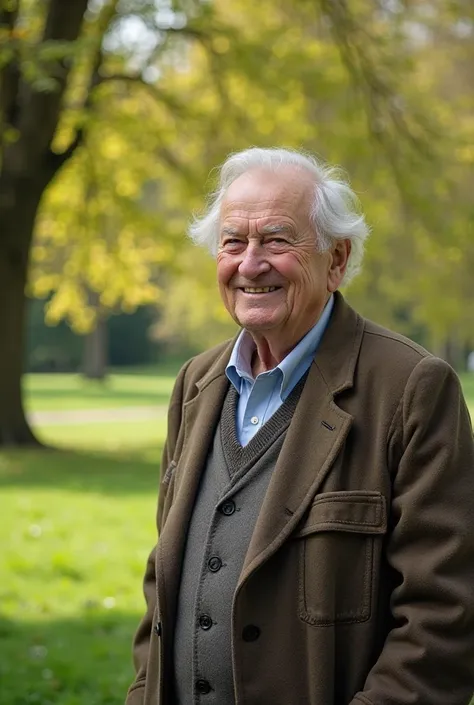 "An elderly man, around 60 years old, with a calm and kind face, standing next to Queen Elizabeth II. The man has a slightly aged appearance, with some wrinkles, a gentle smile, and wears a formal yet comfortable outfit. The background is a lush green park...