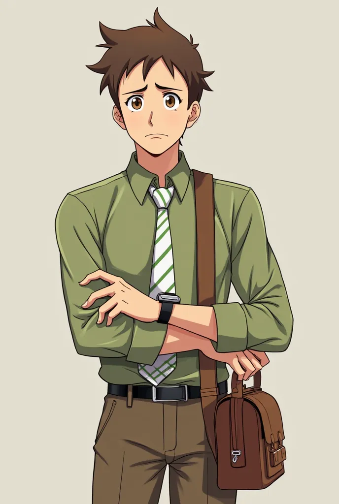 Adult man. Short, brown hair. Amber, tired eyes. Wearing an olive green and white long sleeve dress shirt. A matching white and green tie. Brown pants with a black belt. Holding a brown work briefcase. Checking his wristwatch. Anime.