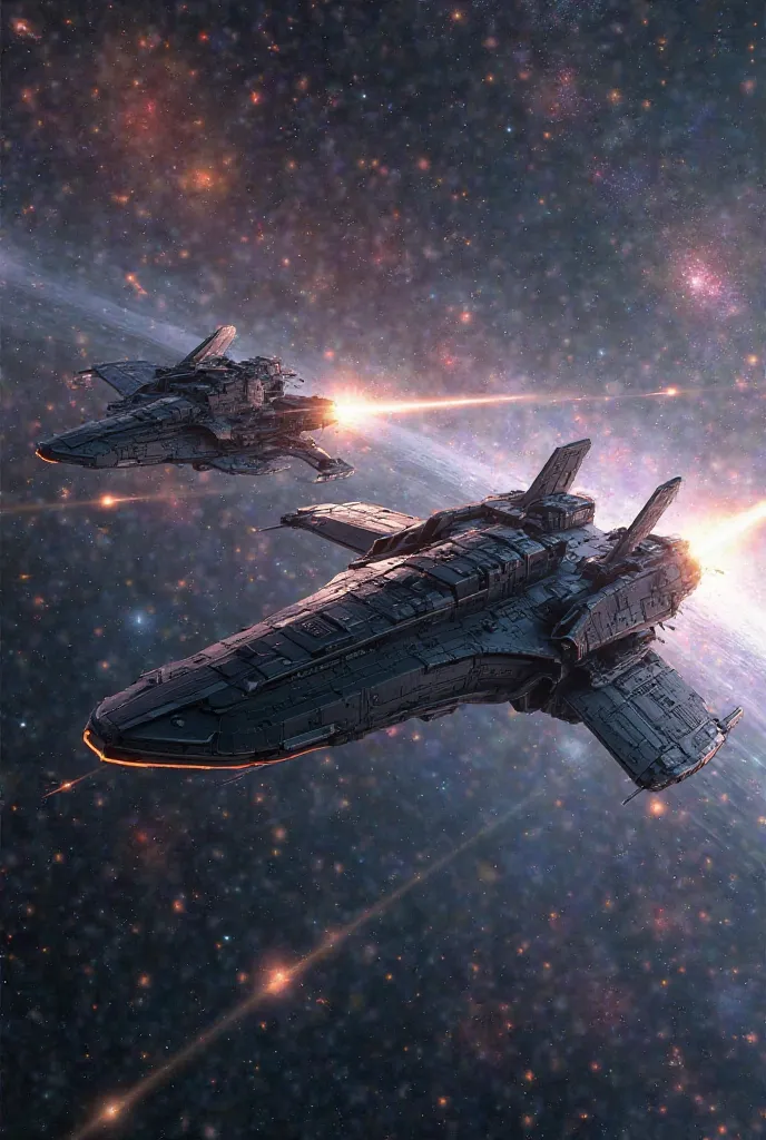 Create a realistic image of two spaceships fighting in space 