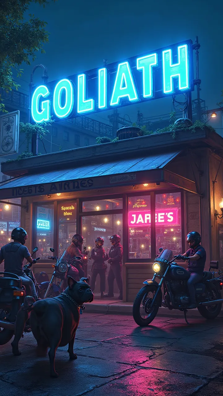 A night bar with a bright blue neon sign written very large Goliath on the roof signs with a French bulldog outside the room there are male and female motorcycle dogs police dogs 