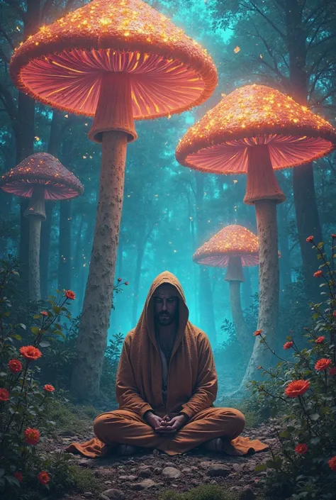 Draw three psychedelic mushrooms together and a man meditating underneath them, The man who has a blanket over his face and makes the most psychedelic man
