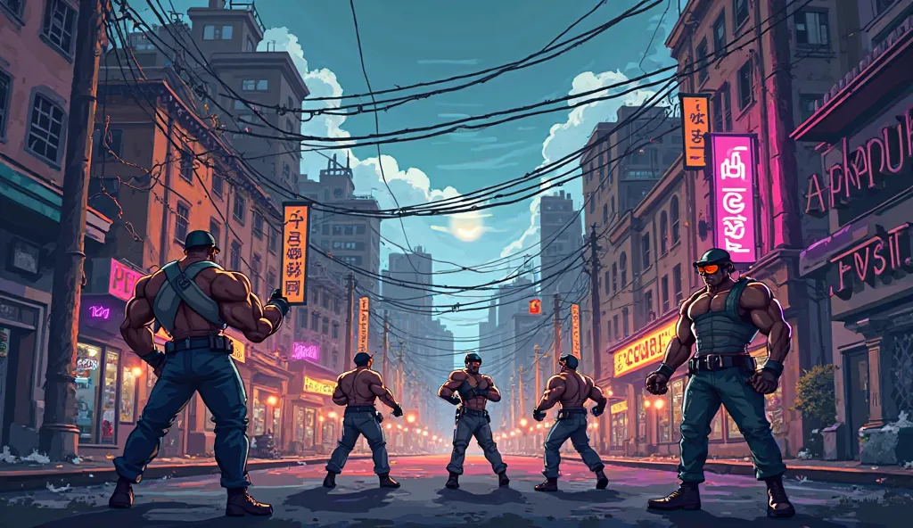 2D environment of a pixel art city in the video game Beat Em Up style