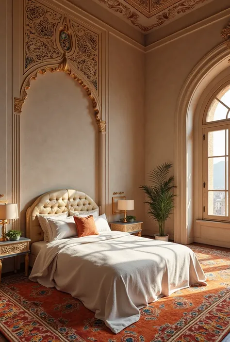 chambre islamique, l'ambiance est calme et sereine, imprégnée d’une atmosphère spirituelle et de simplicité élégante. Les murs sont décorés de motifs géométriques traditionnels islamiques, avec des arabesques délicates et des calligraphies arabes sublimes,...