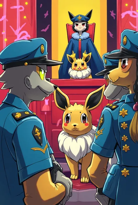 Friends of Pikatxus and similar characters dressed as police officers in a trial and a Pokemon-style character dressed as a judge judging a seevee with horns. Pop art 