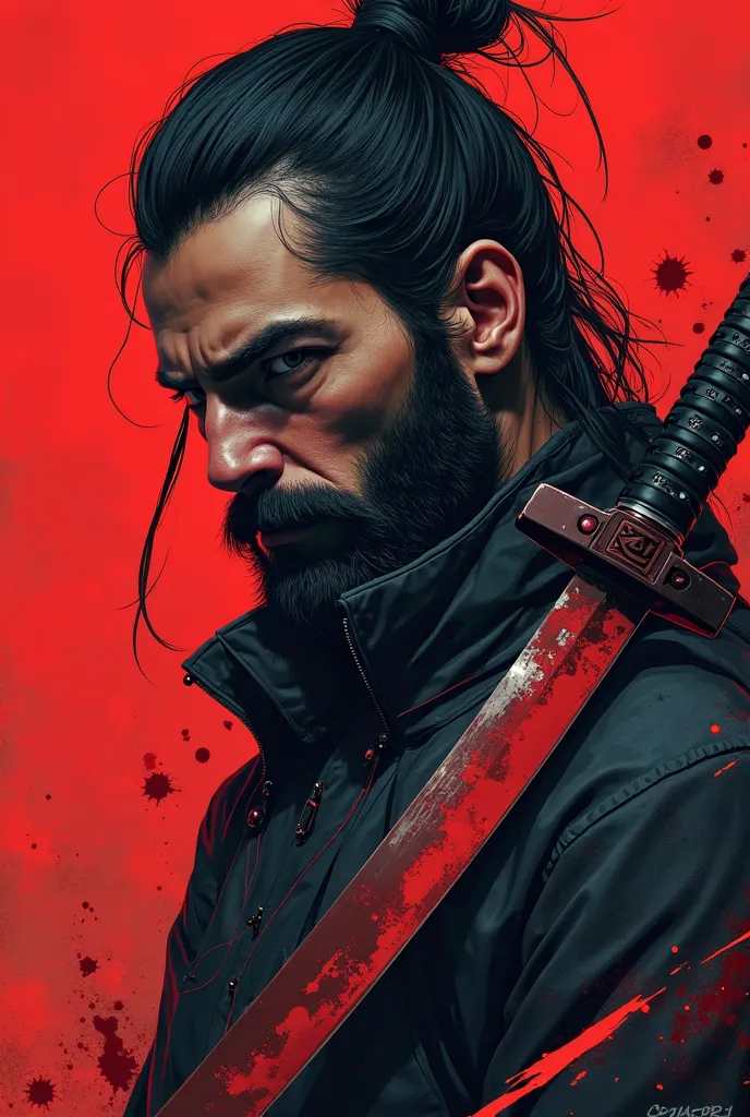 
a close up of a male with beard person with a knife and a red background, cyberpunk art by Victor Mosquera, Artstation, digital art, cyberpunk samurai, dark cyberpunk illustration, very beautiful cyberpunk samurai, portrait of a cyberpunk samurai, cyberpu...