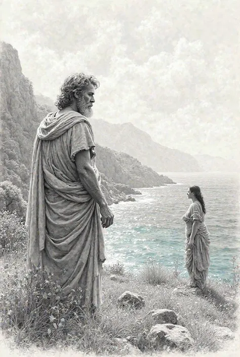 Pencil drawing of Odysseus seeing the sea and Calypso seeing Odysseus in the distance 