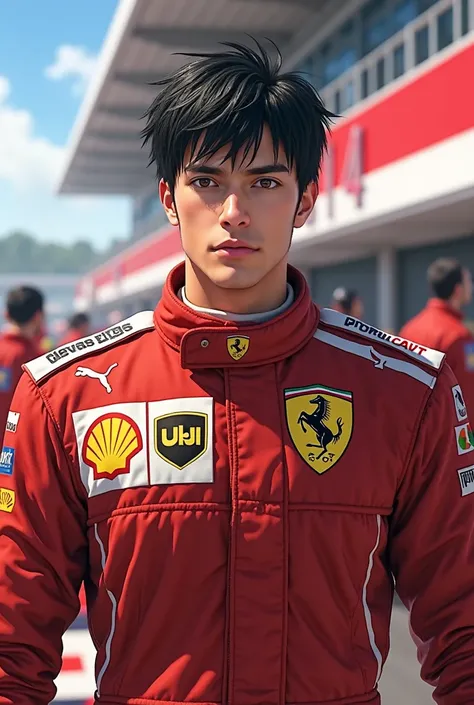 3D anime black-haired, brown-eyed man wearing Ferrari F1 jumpsuit 