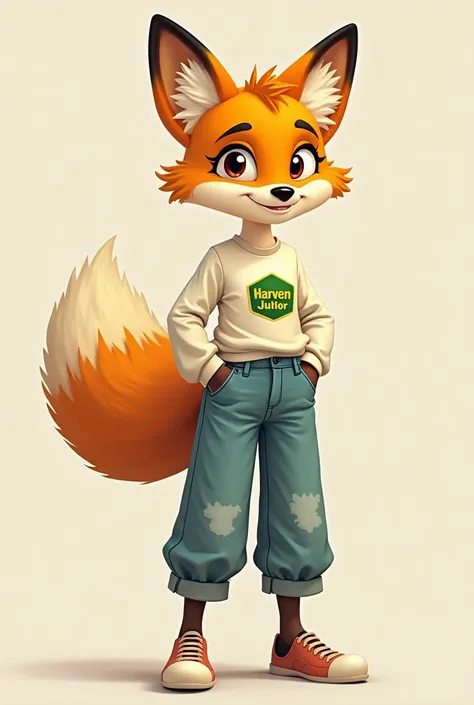 "A 20-year-old anthropomorphic fox, with a youthful , full of energy and confidence. She has a human body, with agile legs and arms, maintaining the outstanding characteristics of a fox: pointy ears, golden and orange coat, and a long and expressive tail t...